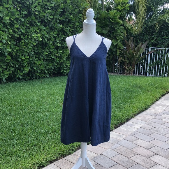 CLAUDIO MILANO NAVY BLUE LOW BACK CRISSCROSS STRAPS ITALIAN LINEN DRESS MEDIUM - Picture 2 of 14